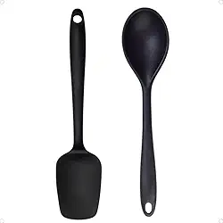 Kit Colher e Espátula de Silicone Premium Utensílios para Cozinha Flexível e Resistente ao Calor Ideal para Preparar Alimentos Não Risca as Panelas (Preto)
