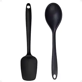 Kit Colher e Espátula de Silicone Premium Utensílioss para Cozinha Flexível e Resistente ao Calor Ideal para Preparar Alimentos Não Risca as Panelas (Preto)
