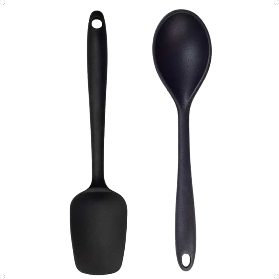 Kit Colher e Espátula de Silicone Premium Utensílios para Cozinha Flexível e Resistente ao Calor Ideal para Preparar Alimentos Não Risca as Panelas (Preto)