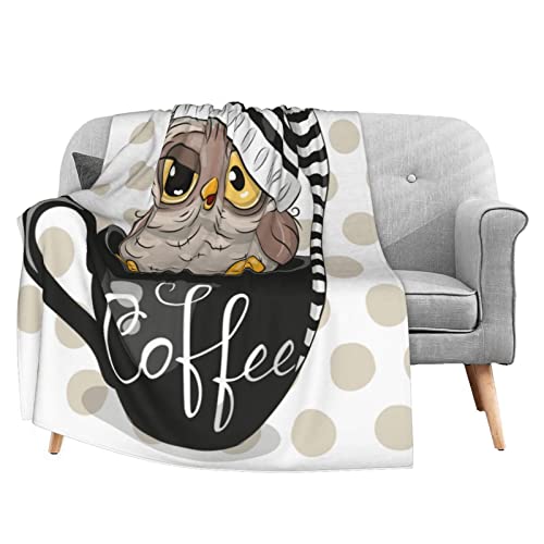 Cute Cartoon Owl Cup Of Coffee Flannel Fleece Throw Blanket Living Room/Bedroom/Sofa Couch Warm Soft Bed Blanket For Kids Adults All Season 50X60 Inch #TOP24