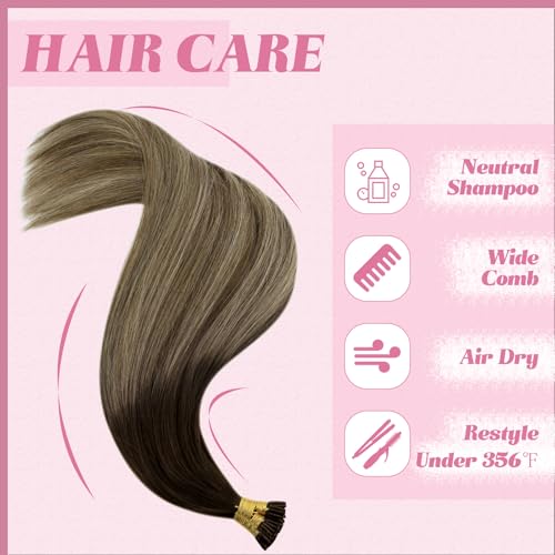 Image of YoungSee I Tip Hair Extensions Balayage, I-tip Microlink Hair Extensions, Balayage Drak Brown with Blonde, Human Hair I Tip Extension, 18 Inch 55 Strands 50g, for Adding Hair Volume