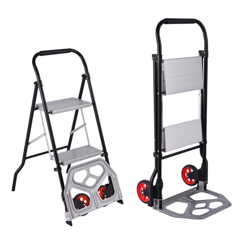 ExGizmo Aluminum Hand Truck,2 in 1 Folding Step Ladder,Portable Aluminum Ladder 551 LBS Load Capacity,Multifunction Collapsible Dolly Cart 220 LBS Load Capacity