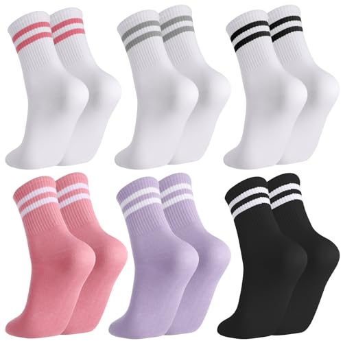 Utensilsto 6 Paar Tennissocken Damen, Baumwolle Sportsocken mit Streifen Retro Tennis Socken Atmungsaktive Bunte Crew Socken 38-42