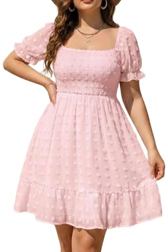 Plus Size Pink Dress Homecoming Graduation Summer Casual Cute Babydoll Smocked Skater Puff Sleeve Sundresses Teen Junior