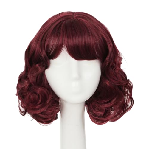 Salaibs Wine Red Short Bob Wavy Wig with Bangs Vintage Burgundy Wave Wig Natural Looking for Women Halloween Daily Use