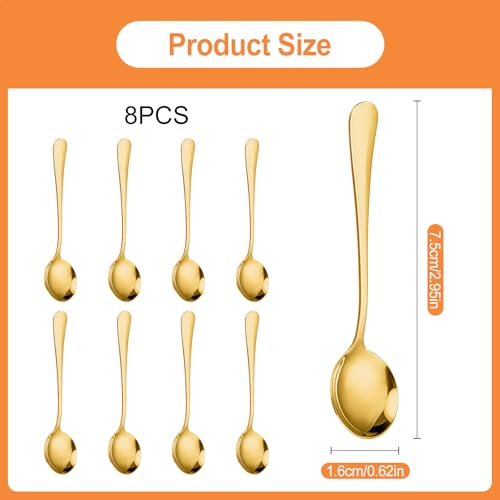 8 Stück Kleine Edelstahllöffel für Gewürzgläser, 7,5 x 1,6 cm Tiny Edelstahl Löffel Für Gewürzgläser, Espressolöffel Mini, Cute Small Edelstahl Kaffeelöffel Set, für Salz, Zucker, Gewürze(Gold)