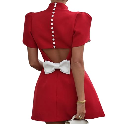 Image of AMPOSSTO Women's Elegant Bow Backless Hollow Out Mini Dress Turtleneck Short Sleeve Pad Shoulder Dresses for Party Cocktail