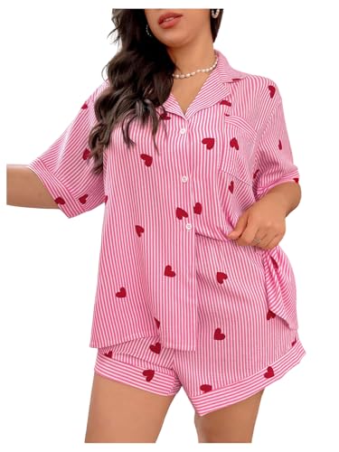 Verdusa Women's Plus Size 2 Piece Heart Striped Pajama Set Button Up Collared Shirts with Shorts Loungewear
