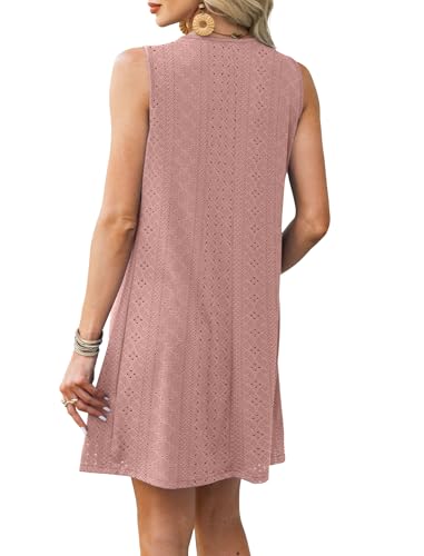 Image of RUMIA Swimsuit Coverup for Women Summer Sleeveless Beach Dress | Crew Neck, Pockets, Eyelet, Boho, Above knee Length, A-Line. Everyday wear, Sundresses, Cruise Wear, Vacation essential