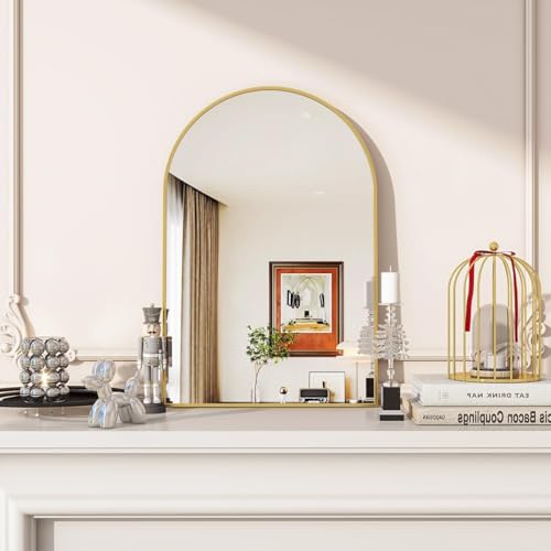 Image of VooBang Arched Wall Mirror, 16 x 24 inch Arch Bathroom Mirror, Wall Mounted Vanity Mirror with Arch Metal Frame, Modern Bathroom Vanity Mirror for Bedroom, Living Room, Hanging or Leaning, Gold