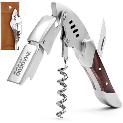Waiter Corkscrew, Wine Bottle Opener, Stainless Steel, Wooden Handle, Shark Shape, Wine Opener Suitable for Sommeliers, Bartenders and Gifts, Comes with Vintage Cowhide Protective Cover Cover