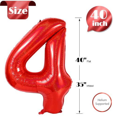 Image of Laser Red 4 Balloon, Number Balloons 40 Inch, 4th Birthday Decorations Four Large Numbers for Party Decor, Number 4 Balloon