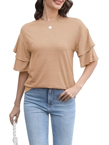Camiseta Mujer Verano 2025, Tops Cortos con Cuello Redondo & Blusa Casual con Volantes - Camisetas de Manga Corta/Tres Cuartos, Moda Cómoda para Diario/Fiesta/Playa Khaki 2XL