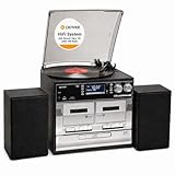 Denver HiFi System, All-in-One Stereo Music Centre with Record Player Turntable, CD & Cassette Player, DAB/DAB+ Radio, USB Recording, SD Card Reader & Speakers, MRD-166