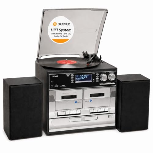 Denver HiFi System All-in-One Stereo Music Centre with Record Player Turntable CD & Cassette Player DAB/DAB+ Radio USB Recording SD Card Reader & Speakers MRD-166