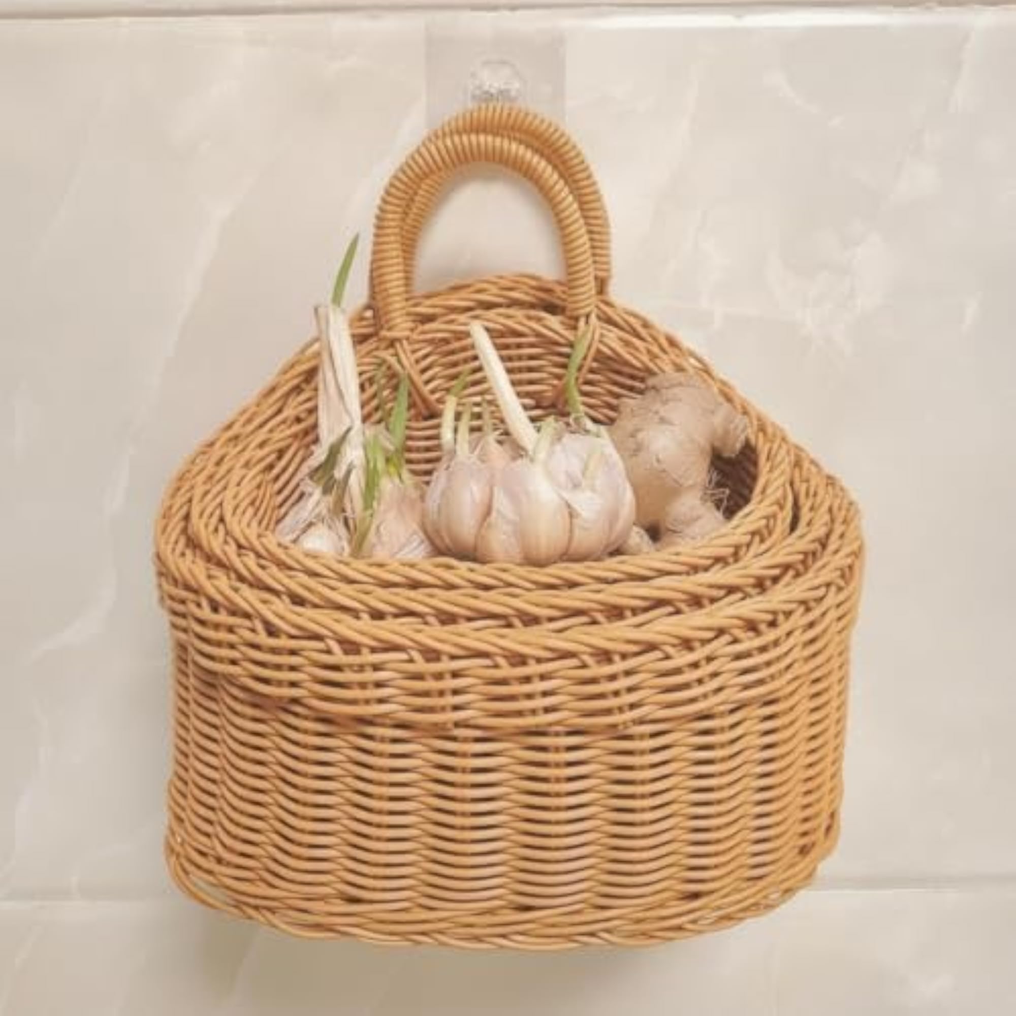 Handwoven Wall Basket with Handle, Imitation Rattan Design