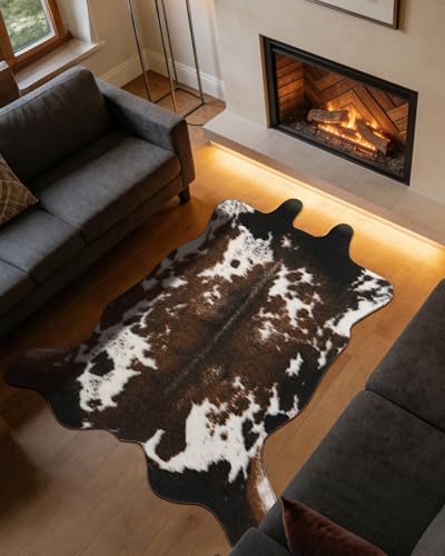 Faux Fur Cowhide Rug Cow Print: 4.6x5.2 Feet Rustic Western Decor Carpet for Bedroom Living Room Large Animal Skin Rug Black