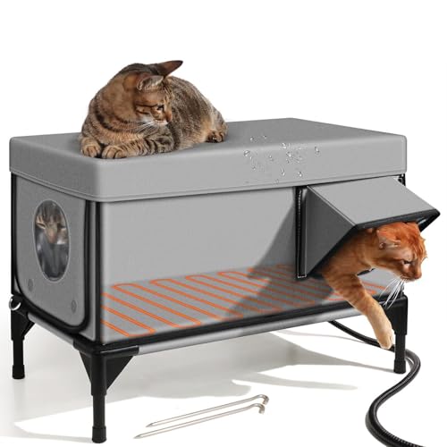 Casa para Gatos En El Exterior con Calefacción En Invierno,Extremadamente Aislada Y Resistente A La Intemperie,Refugio Elevado para Gatos Callejeros con Aleros Impermeables S(43 * 33 * 30cm)