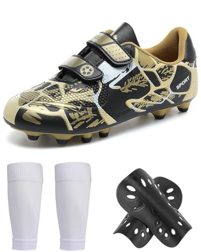Kids Soccer Cleats for Boys Girls Football Shoes,Youth Training Sneakers with Shin Guards and Soccer Ball Covers for Little/Big Kids
