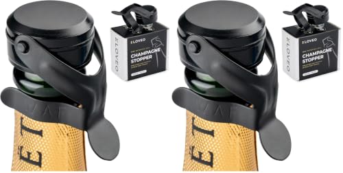 Image of KLOVEO Champagne Stopper Black - Patented Seal - Made in Italy - WAF Plastic Bottle Stopper - Prosecco, Sparkling Wine, Cava (Pack of 2)