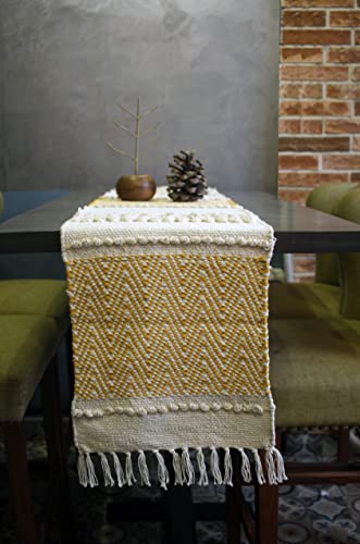 The Little Big Store Hand Woven Cotton Table Runners, Kitchen Table Runner, Coffee Table Runner, Cabinet Top Runner (13" X 72") (Beige Mustard) #TOP27