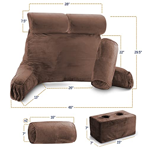 Nestl Double Reading Pillow, Double Back Pillow, Backrest Pillows for Bed with Arms, Shredded Memory Foam Back Pillows for Sitting in Bed, 2 Neck Roll & 2 Lumbar Back Support Pillow, Chocolate Brown - Image 6
