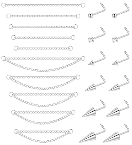 22Pcs 20G Surgical Steel Nose Ring Chain Nose Ring Stud for Women Men Double Nose Chain Piercing Across Nose Spike Ball CZ Nose Studs Nostril Piercing Jewelry