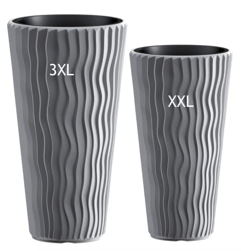 MELTOM Blumentopf mit vertikaler Wellenoptik herausnehmbarem Einsatz Hoch 3D Effekt in Grau SET2: 3XL+XXL