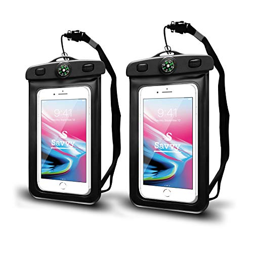SAVVY Waterproof Cell Phone Pouch/Dry Bag with Neck Lanyard & Compass - Cruise Essentials - Protects iPhone, Samsung, Google, Sony Moto - Credit Cards, Cash, Name Tags, Badge Holders (2-Pack, Black)