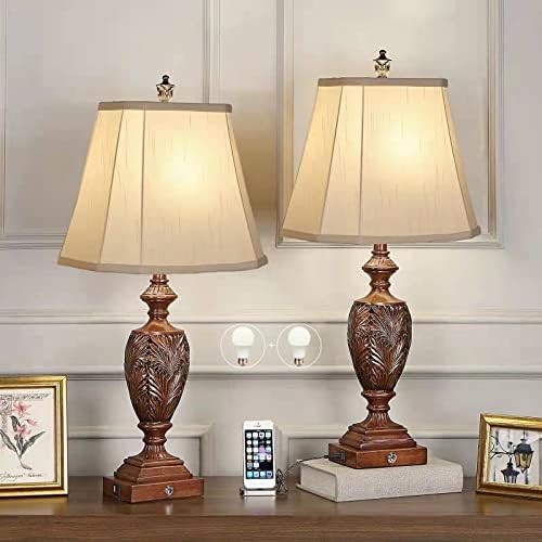 29.5"H Touch Control Traditional Table Lamp Set of 2,Vintage Bedside Lamp Nightstand Lamps with Dual USB Ports,3-Way Dimmable Hollow Out Leafwork Bronze Wood Finish Desk Lamps for Living Room,Bedroom