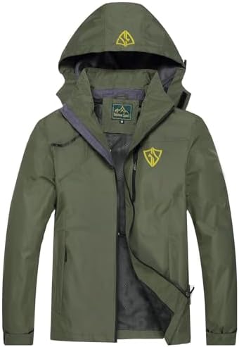GIISAM Tactical Rain Jacket Men Army Green Lightweight Waterproof Shell Jackets Outdoor Hiking Cycling Raincoat Rain Coats