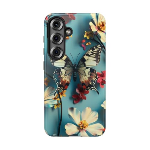 Coque Samsung S25 motif papillon floral fond bleu rigide brillante