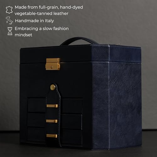 Image of Time Resistance Leather Jewelry Box - Full Grain Leather Jewellery Organizer - Lock Box for Women (Blue)