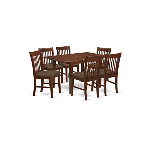 East West Furniture NOFK7-MAH-C 7-Pc Kitchen Table Set – 6 Kitchen Chairs and Wooden Table – Rectangular Table Top – Slatted Back and Linen Fabric Chair Seat (Mahogany Finish)
