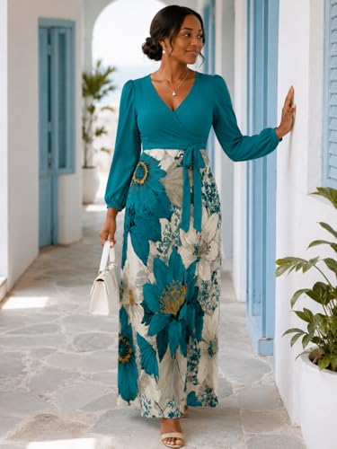 Image of PinkPatty Plus Size Dresses for Curvy Women V Neck Flowy Long Sleeves Wrap Maxi Dress Travel Vacation Outfits