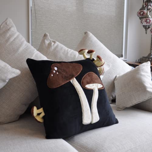 Mebellezza Decorative Black Mushroom Throw Pillow Cover With Seven Small Mushroom Plush Sewed In, 18X18 Inches, Home Decor Cushion Pillowcase, Mushroom Pillow Cover #TOP5