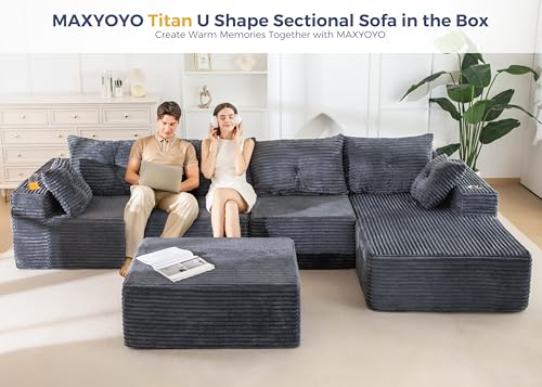 Image of MAXYOYO 132 inch Giant U-Shaped Modular Sectional Couch, Modern Boneless Couch for Living Room, Sofa in A Box, Oversized Sofa with Deep Seat, No Assembly Required, Dark Grey