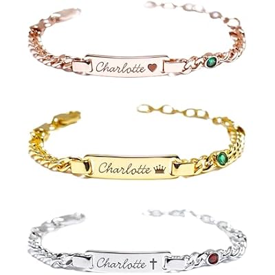 PUREFLY - Personalized Baby Name Bracelets with Birthstone, 18k Gold Plated, Adjustable Length, Double-Sided Customisable, with Gift Wrap