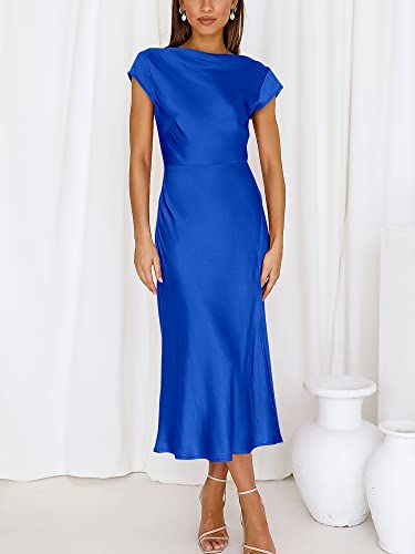 Anrabess Women's Cocktail Satin Dress Short Sleeves Open Back Elegant High Cowl Neck Side Slit Midi Dresses A890-Baolan-L Blue #TOP2