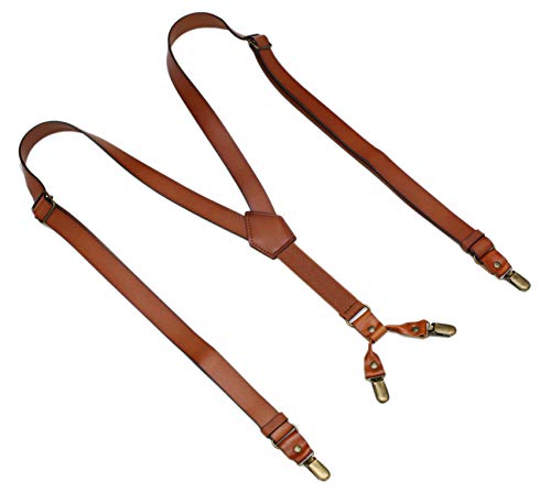 Rc Rockcow Leather Suspenders For Men Y Back Design Adjustable Suspender With 4 Metal Clips Groomsmen Gift Wedding Brown #TOP1