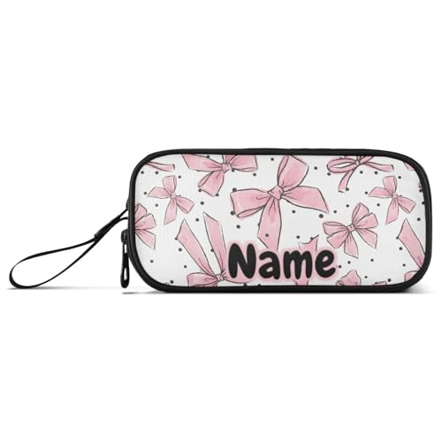Image of Custom Pink Bows Dots Pencil Case Box Boys Girls Personalized Name Large Pencil Pouch Stationery Pen Bag Organizer for Kids Adults School Office