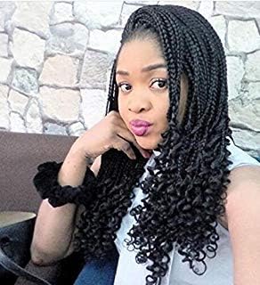 Sylvia 16" Natural Black Micro Braiding with Curly Tips Synthetic Lace Front Wigs Free Parting 260% Density 1B Braids Braided Wigs Heat Resistant Fiber Hair for Woman