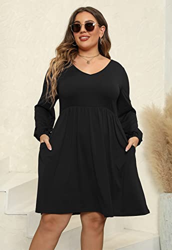 Nemidor Womens V Neck Long Puff Sleeve Plus Size Casual Flowy Swing Dress With Pocket Nem321(18,Black) #TOP1