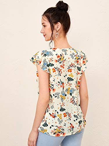 Romwe Women's Floral Ruffle Cap Sleeve Pleated Front Summer Tops Blouse Shirts Multicolor Large #TOP1