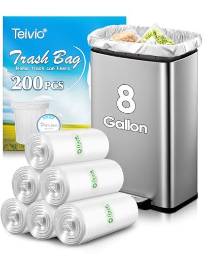 8 Gallon 200 Counts Unscented Medium Trash Bags Fit 7 8 9 10 Gal Garbage Bags by Teivio 30 Liter Thick Bathroom Can Bin Liners Plastic Bags for Home Office Kitchen Clear