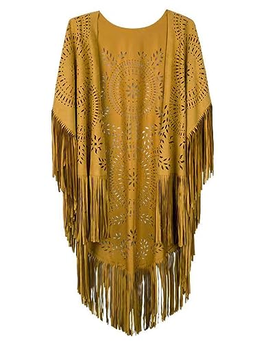 Chal de Flecos Boho para Playa y Capa Vintage Calada de Gamuza Caqui 4