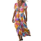 Vestido Largo Mujer de Verano Casual, Vestidos Maxi de Algodón y Lino Manga Corta Cuello en V, Vestidos Boho Chic Elegante Largos Transpirable Tallas Grandes para Playa Vacaciones 2026 (38,XL)