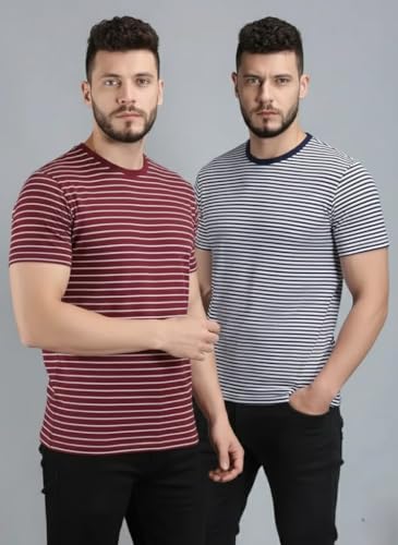 Image of URGEAR Men's Pack of 2 Cotton Blend Striped Round Neck T-Shirt