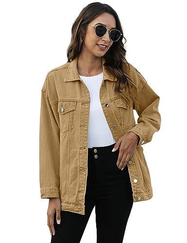 Omoone Women's Oversized Mid Long Denim Jacket Jean Biker Coat(0199-Khaki-L)
