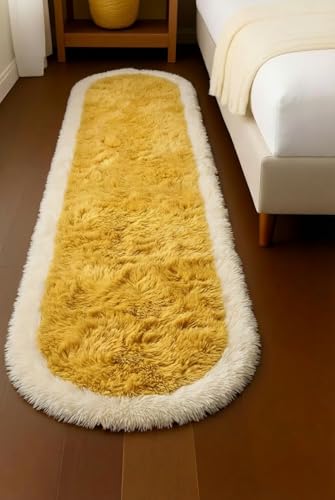Image of Fluffy Silky Micro Fiber Polyster Carpet /Runner for Bedroom, Study Room, Playing Room, Guest Room ETC. 2x6 feet Feet, (Yellow and Ivory Side boder)